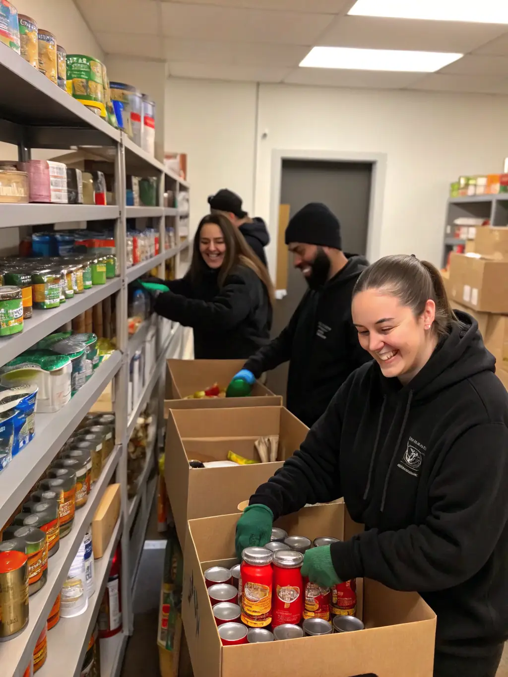 Volunteers packing food boxes for distribution to families in need, working together in a community center with shelves stocked with essential food items.