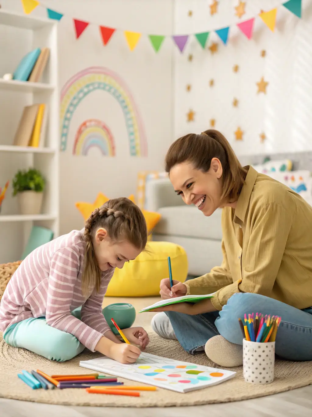 Children engaged in an art therapy session, expressing their emotions through painting and drawing, guided by a trained therapist in a calming environment.