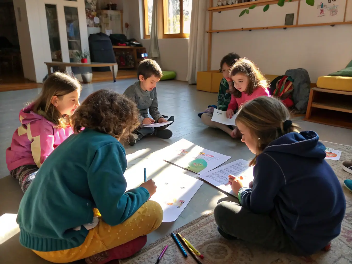 An image showing a group of children participating in an art therapy session, with a social worker guiding them. The setting is a brightly lit, welcoming community center.