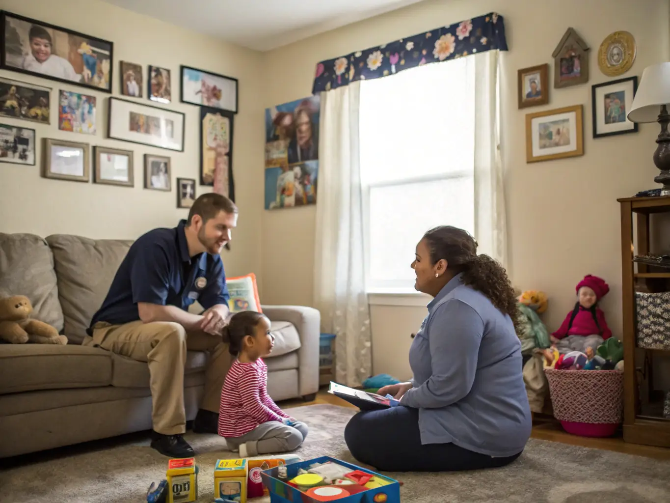 An image showing social workers engaging with families and children in a community setting, symbolizing the support provided by ASSOCIATION ADDSEA's social programs.