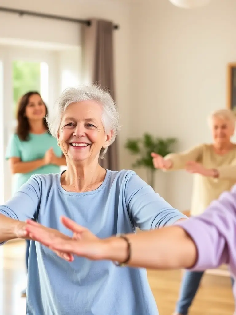 A photograph of a group of seniors participating in a gentle exercise class, showcasing ESM's dedication to senior wellness.