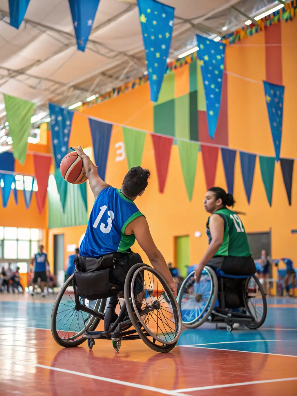 People with disabilities participating in a handisport activity, such as wheelchair basketball or adapted cycling, promoting inclusivity and physical activity.