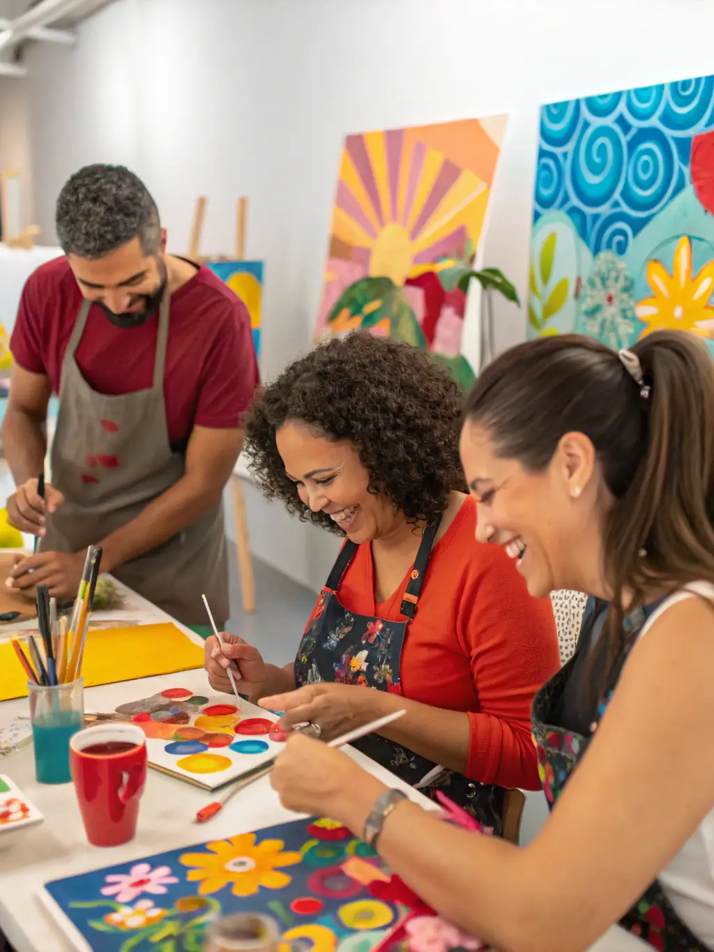 A diverse group of adults engaged in a cultural workshop, learning traditional arts and crafts, set in a community center in Mont-de-Marsan.