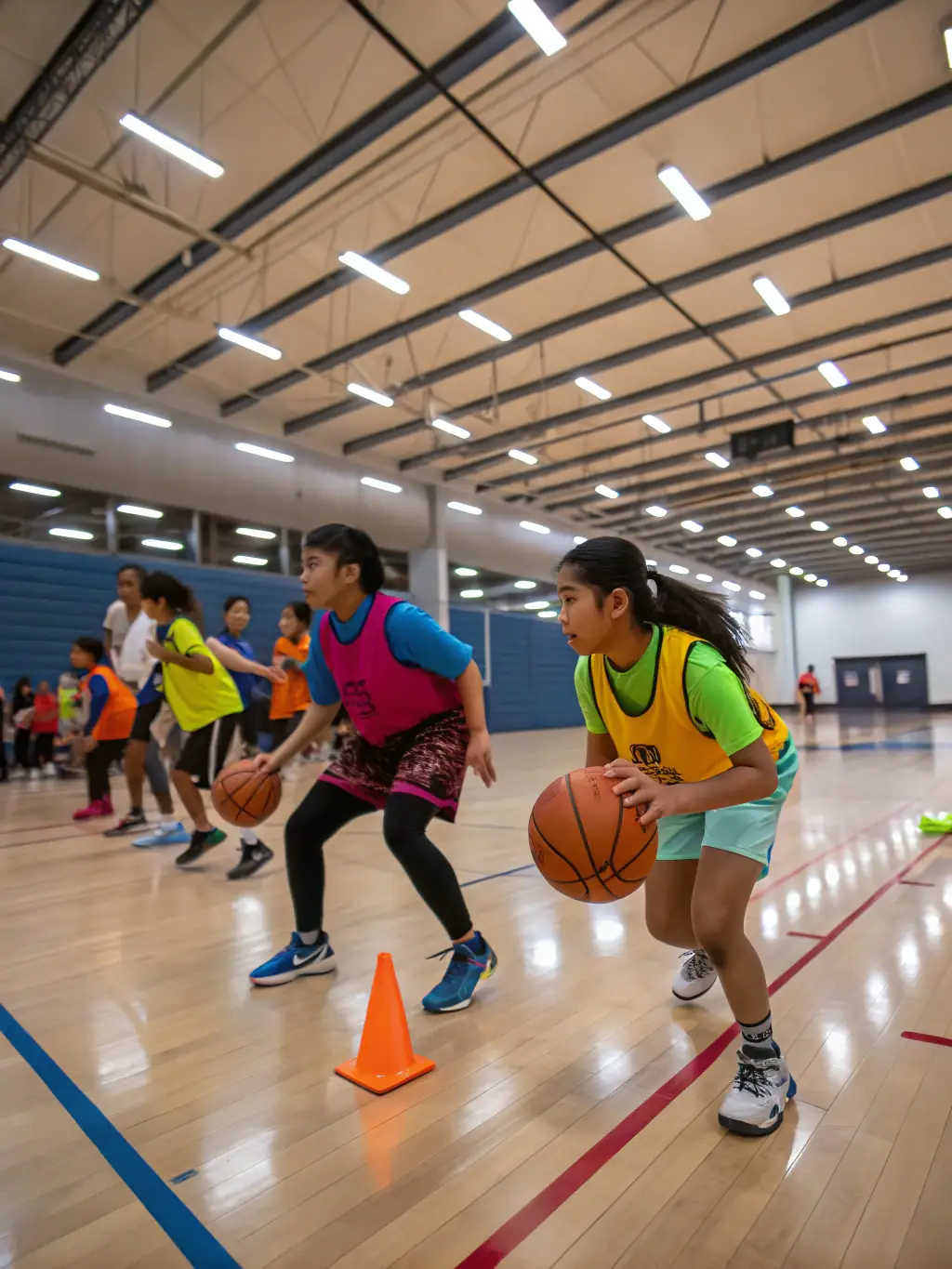 A group of children participating in a basketball training session, focusing on teamwork and skill development, set in a local Mont-de-Marsan sports hall.