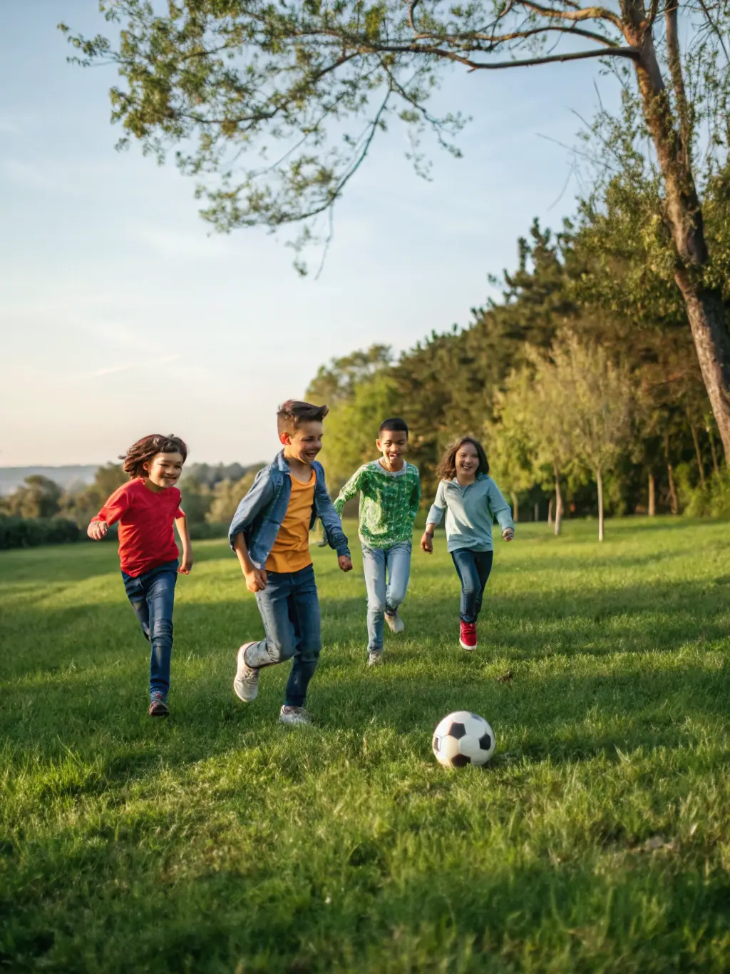 A dynamic image of children playing soccer in a park, representing ESM's commitment to youth sports and community engagement.
