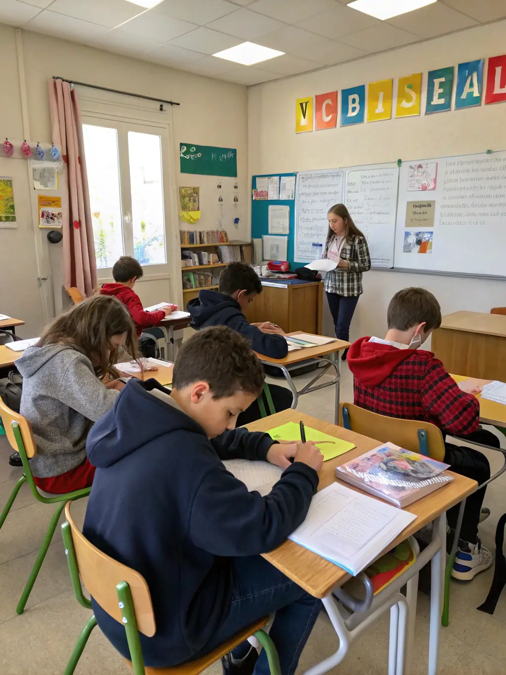 A group of students attending an educational workshop, learning about local history and culture, set in a classroom or community center in Mont-de-Marsan.